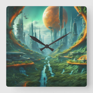 Alien Natuur & Futuristische Stad Surrealistische Vierkante Klok
