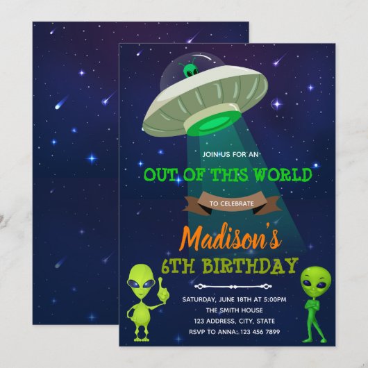 Alien OUT OF THIS WORLD verjaardagsuitnodiging Kaart (Voorkant / Achterkant)