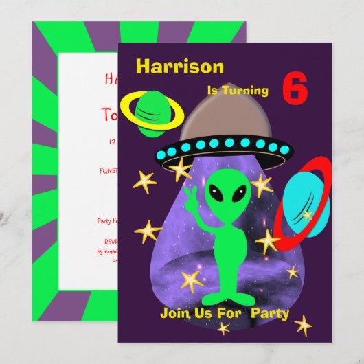 Alien Outer Space Kinder Fun Cute Birthday Party Kaart (Voorkant / Achterkant)