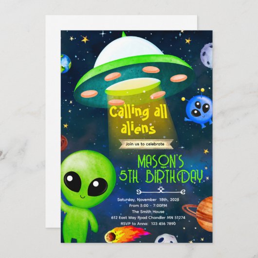 Alien party theme invitation kaart (Voorkant / Achterkant)