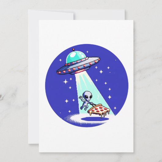 Alien Pizza Abduction - Grappig Pixel Art UFO Desi Feestdagenkaart (Voorkant)