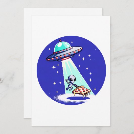 Alien Pizza Abduction - Grappig Pixel Art UFO Desi Feestdagenkaart (Voorkant / Achterkant)