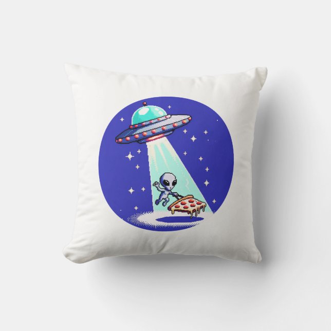 Alien Pizza Abduction - Grappig Pixel Art UFO Desi Kussen (Voorkant)
