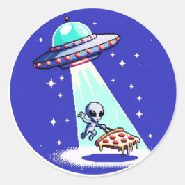 Alien Pizza Abduction - Grappig Pixel Art UFO Desi Ronde Sticker