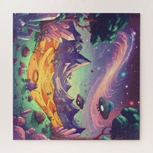 Alien Planet UFO edelstenen Violet Mountains Legpuzzel (Horizontaal)