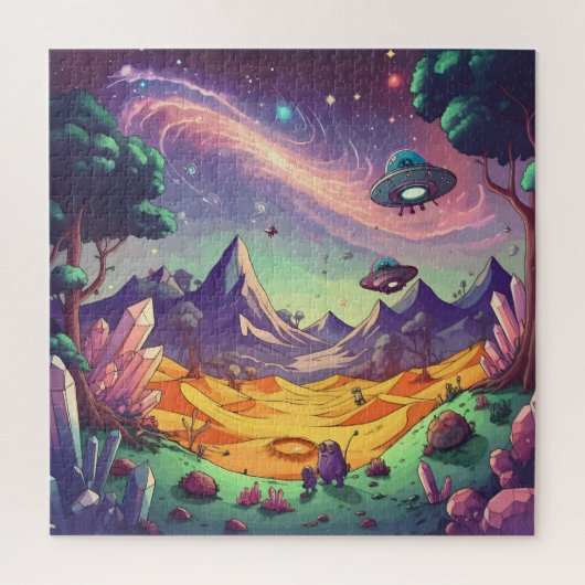 Alien Planet UFO edelstenen Violet Mountains Legpuzzel (Verticaal)