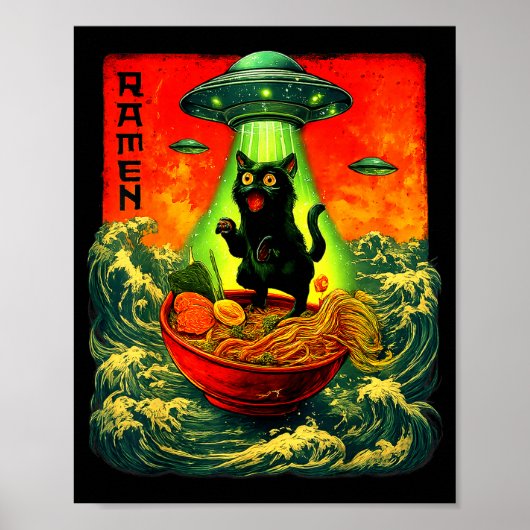Alien Ramen Cat Ufo Japanese Retro Art Gifts Men W Poster (Voorkant)