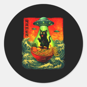 Alien Ramen Kat Ufo Japanse Retro Kunst Cadeaus Ma Ronde Sticker
