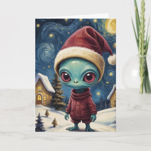 Alien Retro Sterrennacht Christmas gepersonaliseer Kaart (Voorkant)
