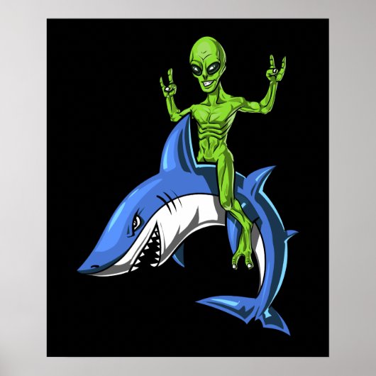 Alien Riding Shark Space UFO Poster (Voorkant)
