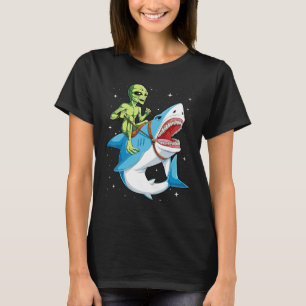 Alien Riding Shark T shirt UFO Vrouwen Mannen Kind