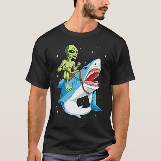 Alien Riding Shark T shirt UFO Vrouwen Mannen Kind (Voorkant)