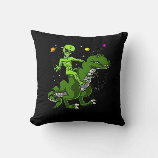 Alien Riding T-Rex Dinosaur Space UFO Kussen (Voorkant)