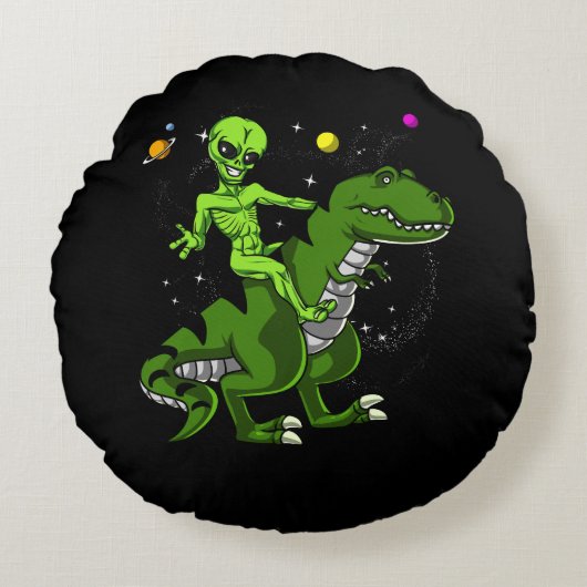 Alien Riding T-Rex Dinosaur Space UFO Rond Kussen (Voorkant)