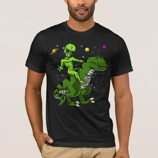 Alien Riding T-Rex Dinosaur Space UFO T-shirt (Voorkant)
