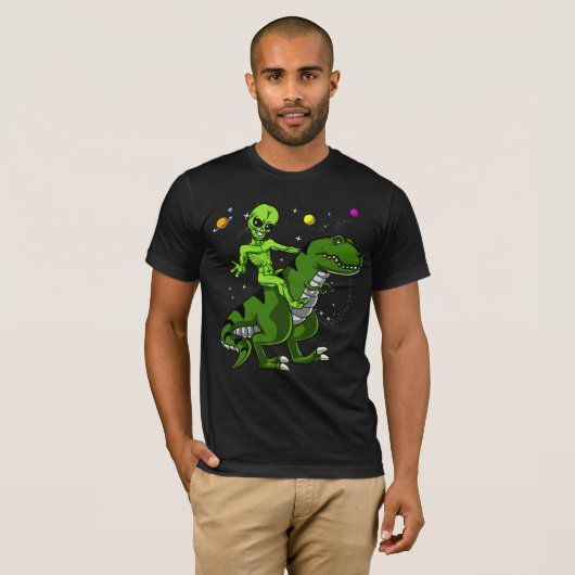 Alien Riding T-Rex Dinosaur Space UFO T-shirt (Voorkant volledig)