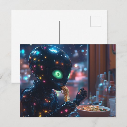 Alien Robot Eten Noodles Briefkaart (Voorkant / Achterkant)