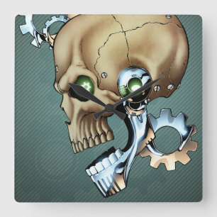 Alien Robot Skull uit de toekomst in Chrome + Bone Vierkante Klok