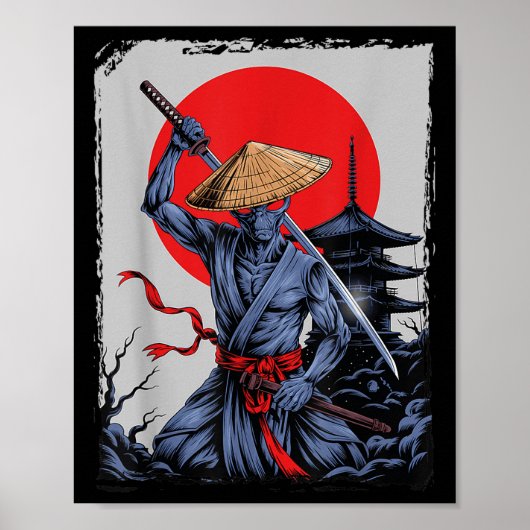 Alien Samurai Ufo Japans Graphic Ukiyo-e Poster (Voorkant)