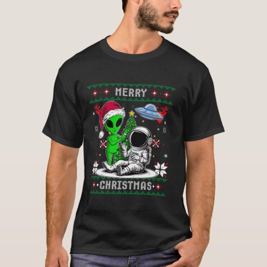 Alien Santa Astronaut Merry Christmas Tree Funny S T-shirt (Voorkant)