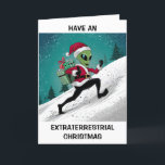 Alien Santa Christmas Feestdagen Kaart<br><div class="desc">Maak je klaar voor een vakantie buiten deze wereld met onze Alien Santa Christmas-Kaart. Met een grillige scène van de kerstman als een buitenaardse figuur die een besneeuwde heuvel opstort en cadeaus op zijn rug draagt, brengt deze kaart een leuke draai aan vakantietradities. Het kunstwerk vangt de magie van Kerstmis...</div>