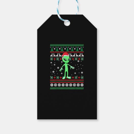 Alien Santa Hat Funny UGLY Kerstmis Pajama Holida Cadeaulabel (Voorkant)