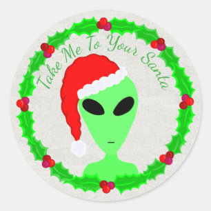 Alien Santa Holly krans klein groen Man Ronde Sticker