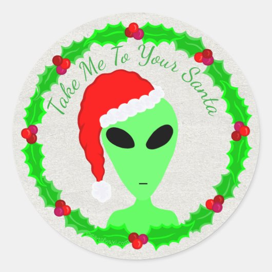 Alien Santa Holly krans klein groen Man Ronde Sticker (Voorkant)