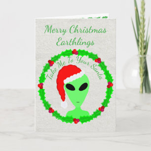 Alien Santa Holly Merry Christmas Earthlings Feestdagen Kaart
