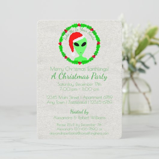 Alien Santa Holly Wreath Earthling Holiday Party Kaart (Staand voorkant)