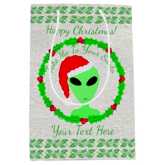 Alien Santa Holly Wreath Medium Happy Kerstmis Medium Cadeauzakje (Voorkant)