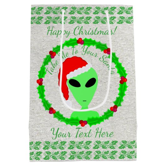 Alien Santa Holly Wreath Medium Happy Kerstmis Medium Cadeauzakje (Achterkant)