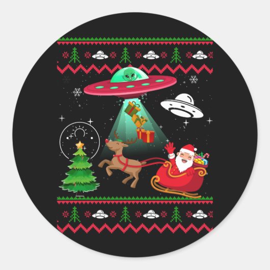 Alien Santa UFO ontvoering lelijke kerst trui S Ronde Sticker (Voorkant)