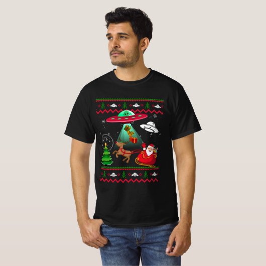 Alien Santa UFO ontvoering lelijke kerst trui S T-shirt (Voorkant volledig)