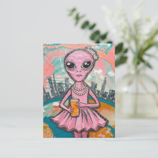 Alien Sinaasappel Juice in de stad Briefkaart (Staand voorkant)