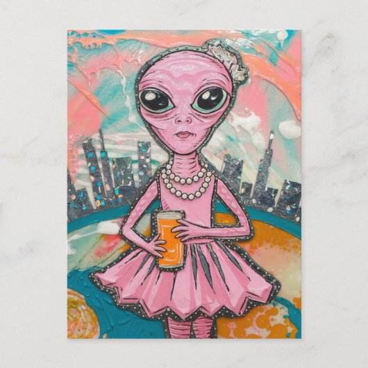 Alien Sinaasappel Juice in de stad Briefkaart (Voorkant)