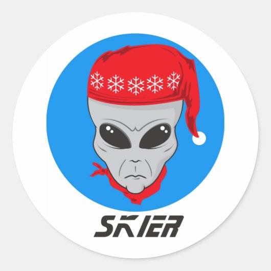 Alien Skier Ronde Sticker (Voorkant)