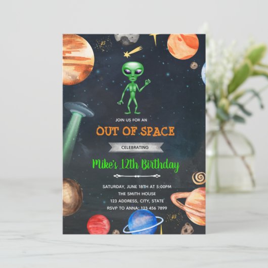 Alien space galaxy party-uitnodiging kaart (Staand voorkant)