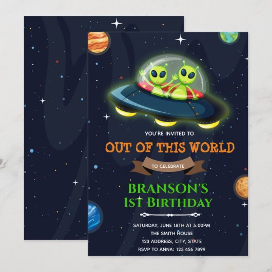 Alien Space Galaxy verjaardagsuitnodiging Bedankkaart (Voorkant / Achterkant)