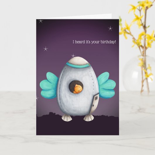 Alien Space Ship met speciale vogelbeschermingsdag Kaart (Gele Bloem)