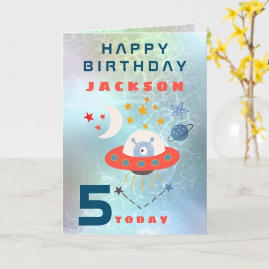 Alien Spaceship Space Blauwgroen 5e verjaardag Kaart (Gele Bloem)