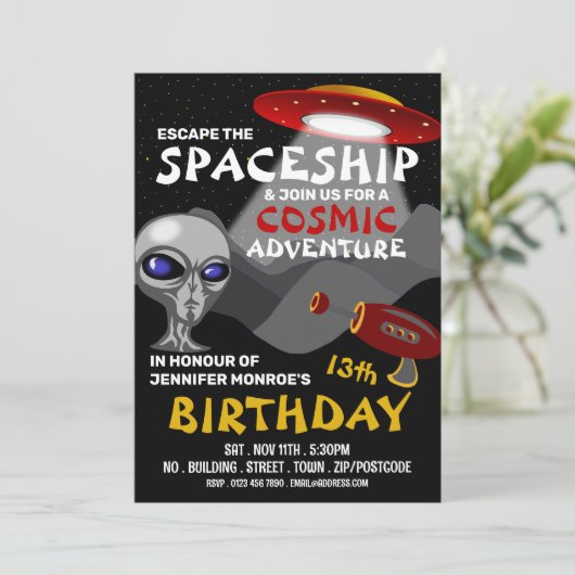Alien Spaceship Theme, Escape Room, Birthday Party Kaart (Staand voorkant)