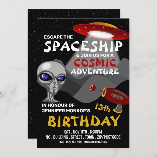 Alien Spaceship Theme, Escape Room, Birthday Party Kaart (Voorkant / Achterkant)