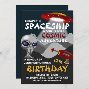Alien Spaceship Theme, Escape Room, Birthday Party Kaart