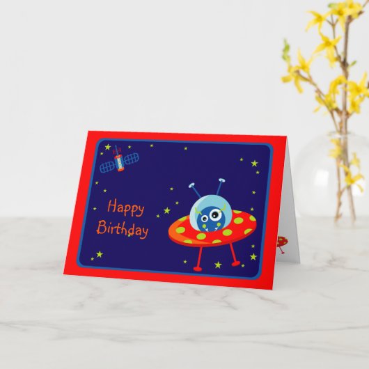 Alien Spaceship Verjaardag Kaart (Gele Bloem)