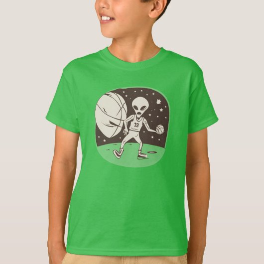 Alien speelt basketbal op de maan t-shirt (Voorkant)
