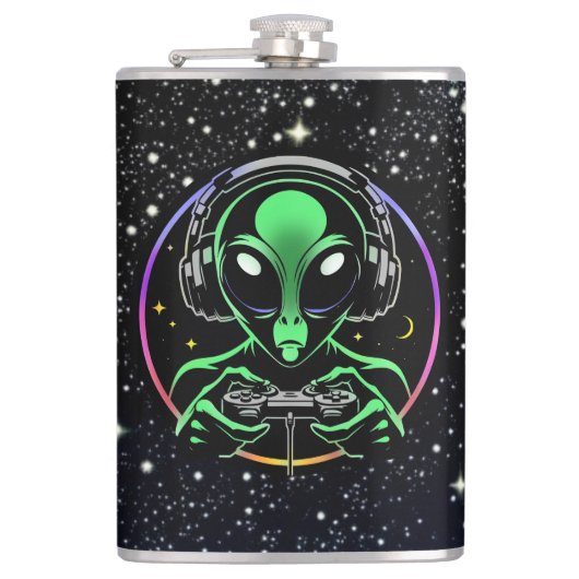Alien Spelen Videospellen met Sterrenachtergrond Heupfles (Voorkant)