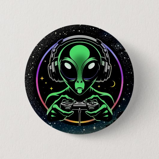 Alien Spelen Videospellen met Sterrenachtergrond Ronde Button 5,7 Cm (Voorkant)