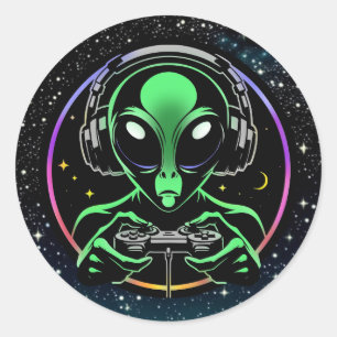 Alien Spelen Videospellen met Sterrenachtergrond Ronde Sticker