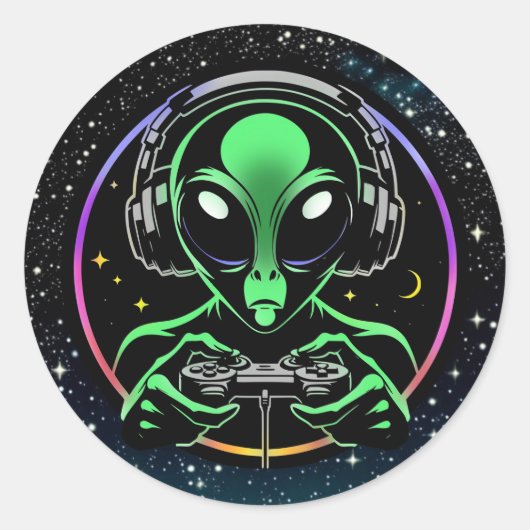 Alien Spelen Videospellen met Sterrenachtergrond Ronde Sticker (Voorkant)